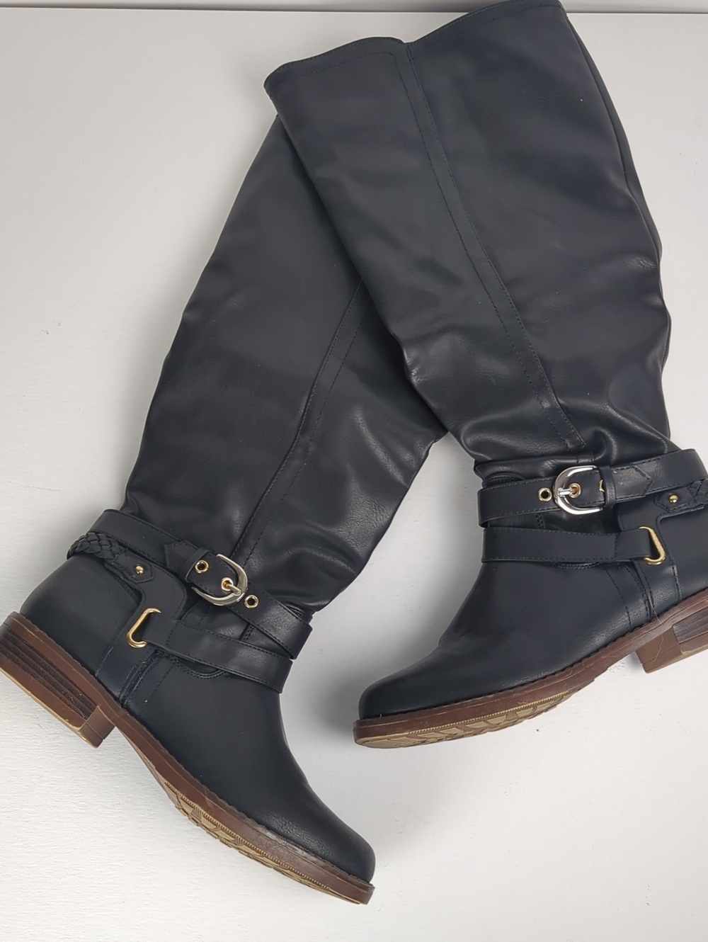 XOXO Women’s Black Leather Riding Boots with Buckle Detail